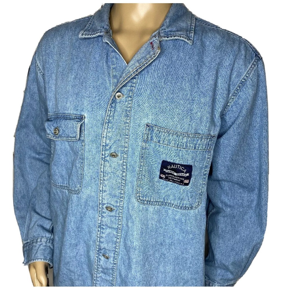 Vintage Nautica Denim Shirt Jean Retro 90s‎ Metal Buttons Marine Supply Men Sz L